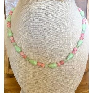 Vintage Glass Pink Green Beaded Necklace Sterling Silver Clasp 16”